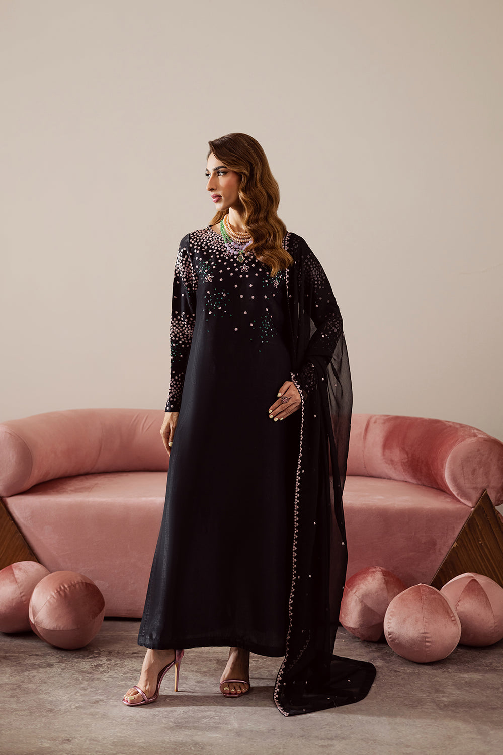 VANYA | A LUXURIOUS BLACK VELVET LONG SHIRT | FULLY HEAVY EMBROIDERED MULTI SEQUENCE WORK | UNSTITCHED 3-PIECE SUIT | PP-06