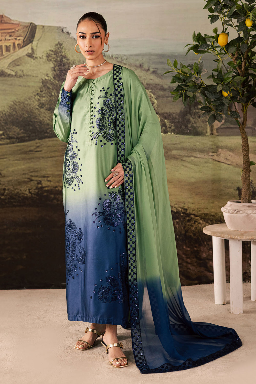 TIE & DIE BY NUREH | LUXURY INDIAN RAW SILK | FULLY HEAVY THREAD EMBROIDERED SEQUENCE WORK RAW SILK DRESS | UNSTITCHED 3-PIECE SUIT | NP-677