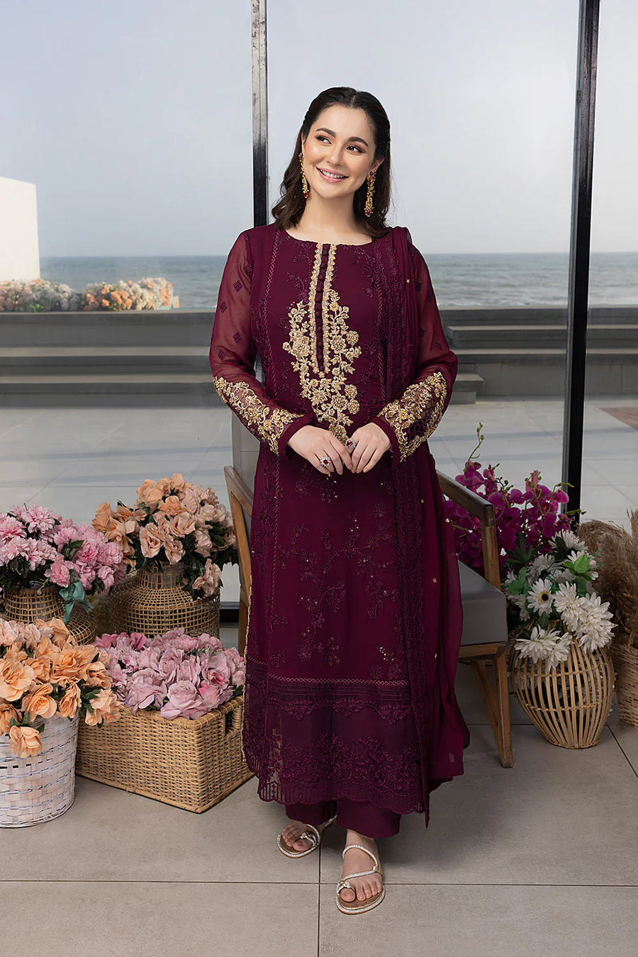 AZURE MAROON EMBROIDERED CHIFFON COLLECTION UNSTITCHED 3 PIECE SEQUINCE EMBROIDERED CHIFFON CARNELIAN