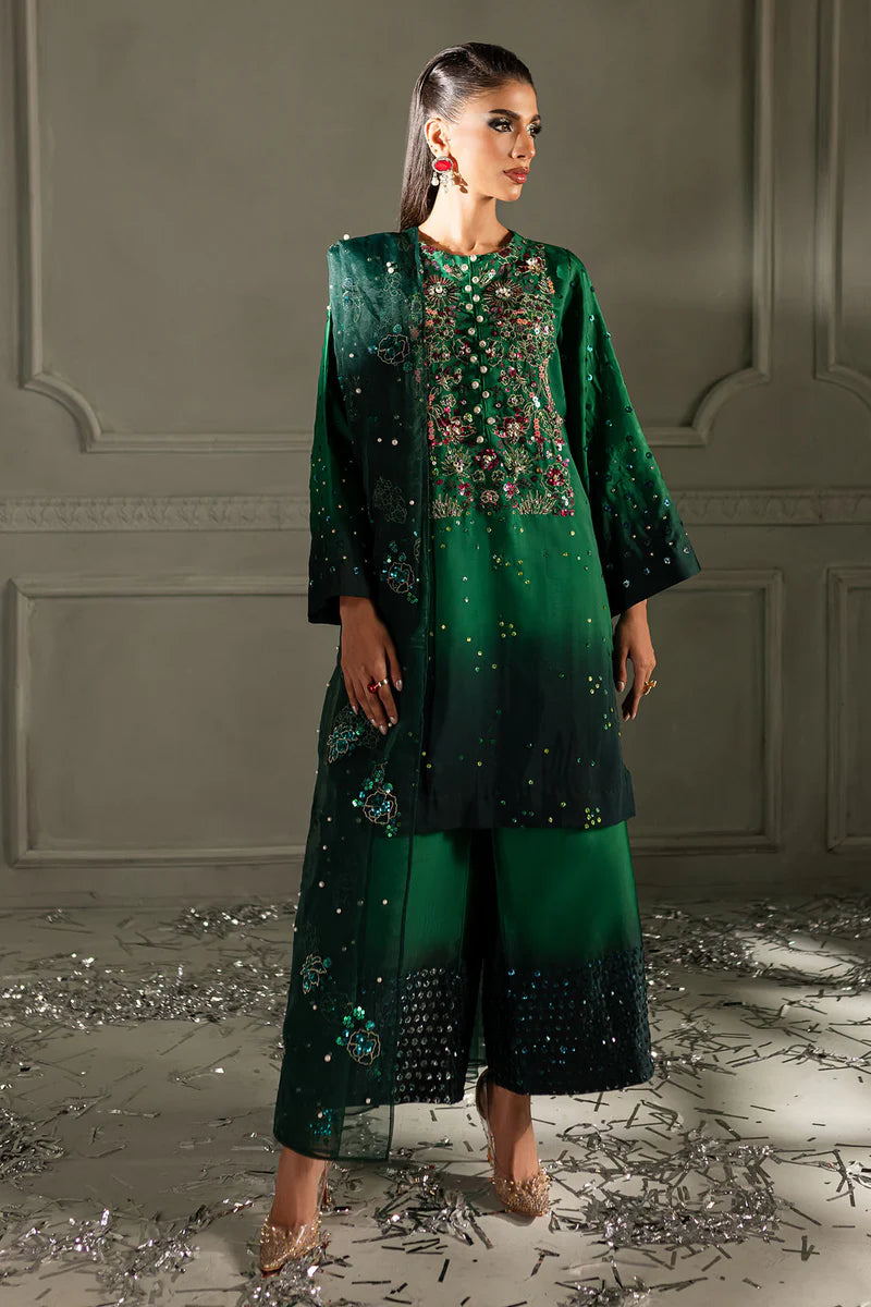 RUBY RUSH BY NUREH | LUXURY TWO TONE SHADES RAW SILK DRESS PARTY WEAR | BEAUTIFULLY HANDMADE EMBELLISHMENT EMBROIDERED SEQUENCE WORK | UNSTITCHED 3-PIECE SUIT | TW-09