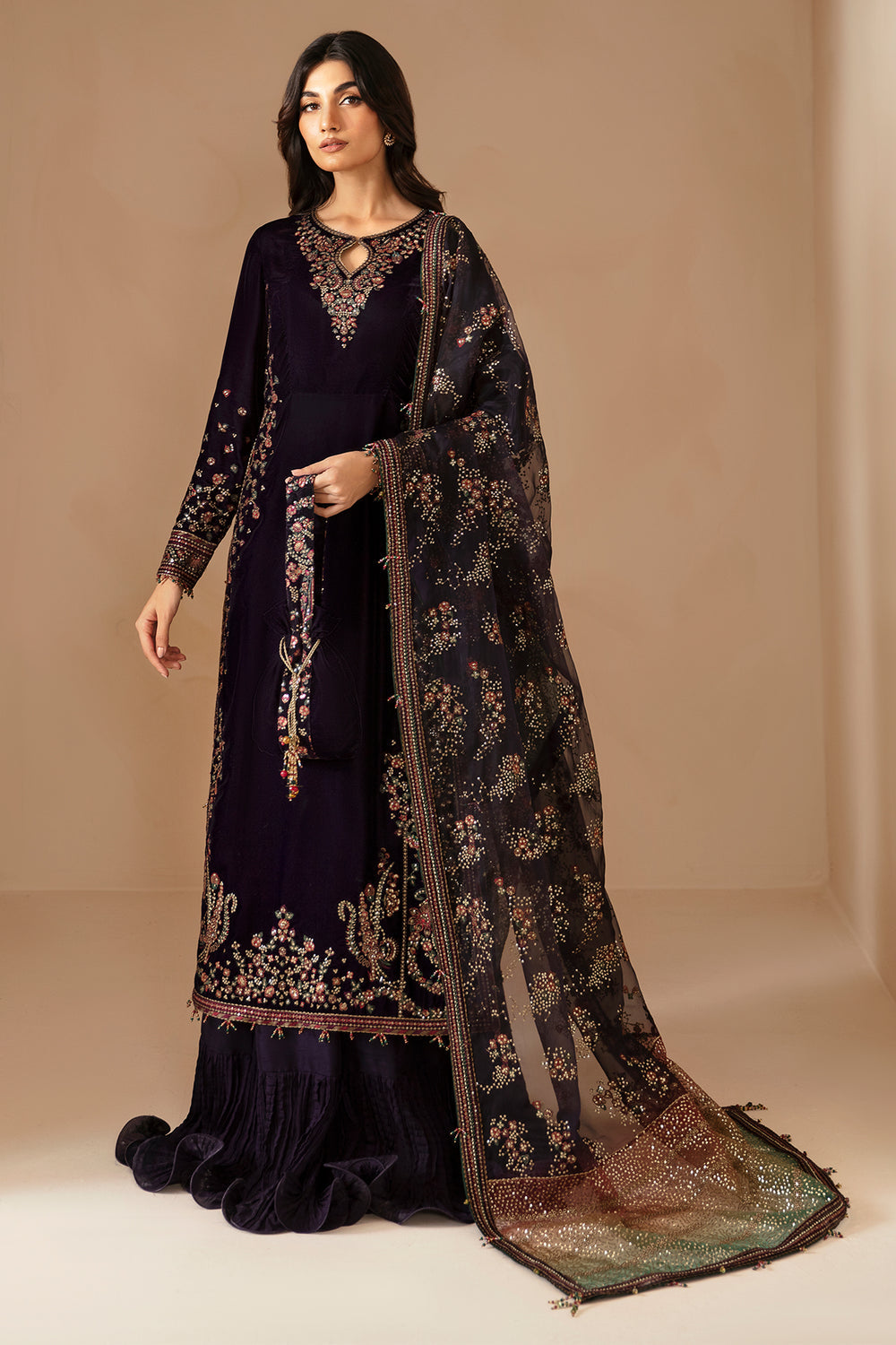 JAZMIN | ELEGANTLY VELVET SHIRT | PREMIUM MULTI THREAD EMBROIDERED SEQUENCE WORK WITH ATTACHED HANGING TASSELS WORK | UNSTITCHED 3-PIECE SUIT | VF-2027