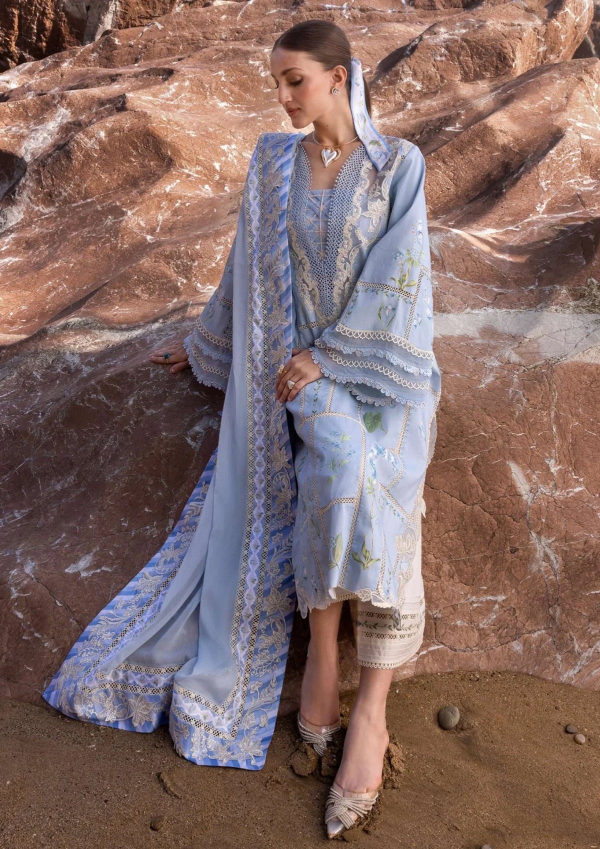 FLOW BY CRIMSON | ELEGANTLY MULTI DIGITAL PRINTED LAWN WITH ATTACHED CHICKENKARI LACE & HEAVILY EMBROIDERED THREAD WORK | UNSTITCHED 3-PIECE SUIT | A GIRL IN THE GARDEN | D-07-B