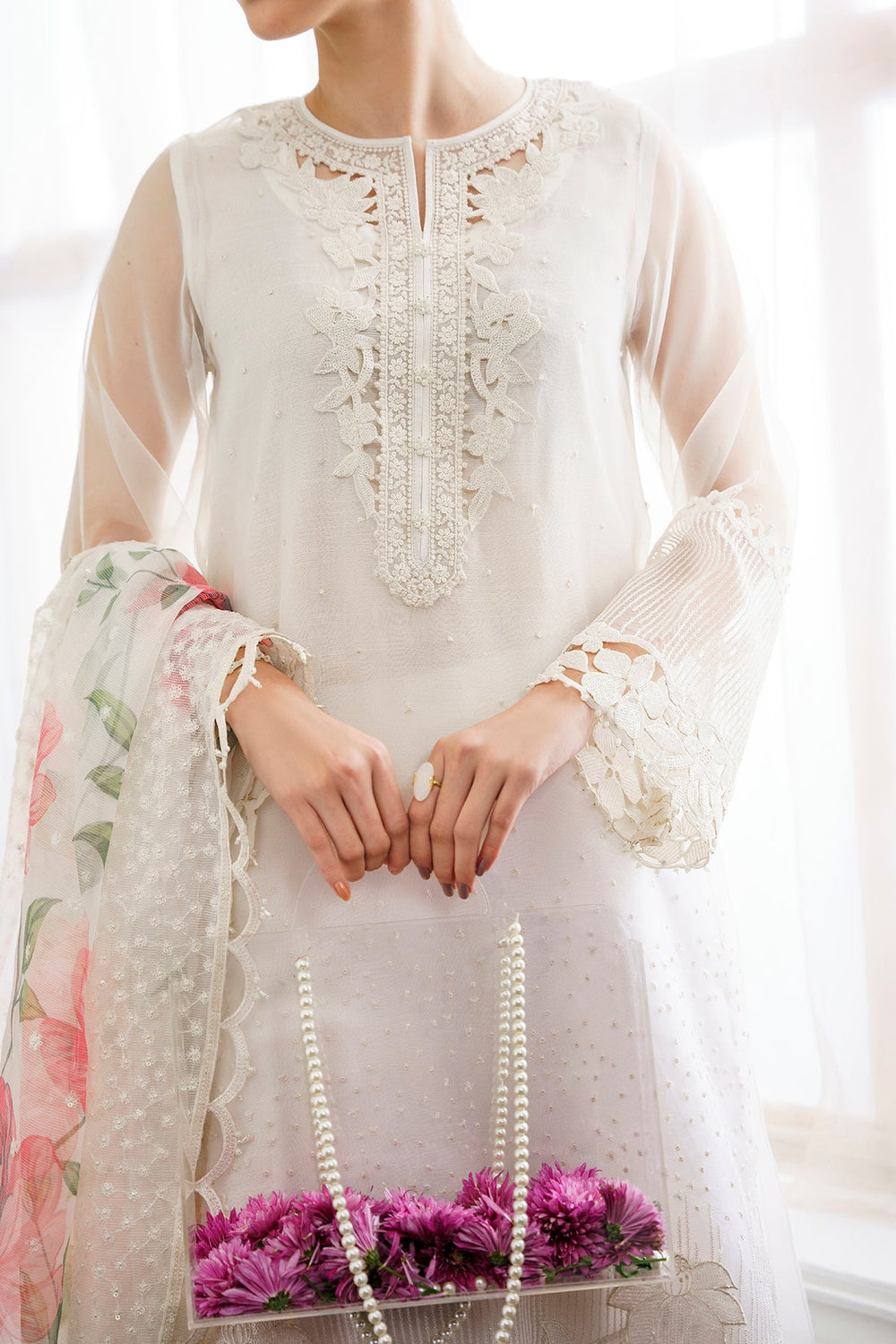 BAROQUE |LUXURY ORGANZA DRESS | FULLY HEAVY HAND EMBELLISHMENT EMBROIDERED MULTI SEQUENCE WORK, PEARL'S WORK & HANGING TASSELS WORK WITH LAZER CUT DESIGN ORGANZA DRESS | UNSTITCHED 3-PIECE SUIT | SF-526 | WHITE