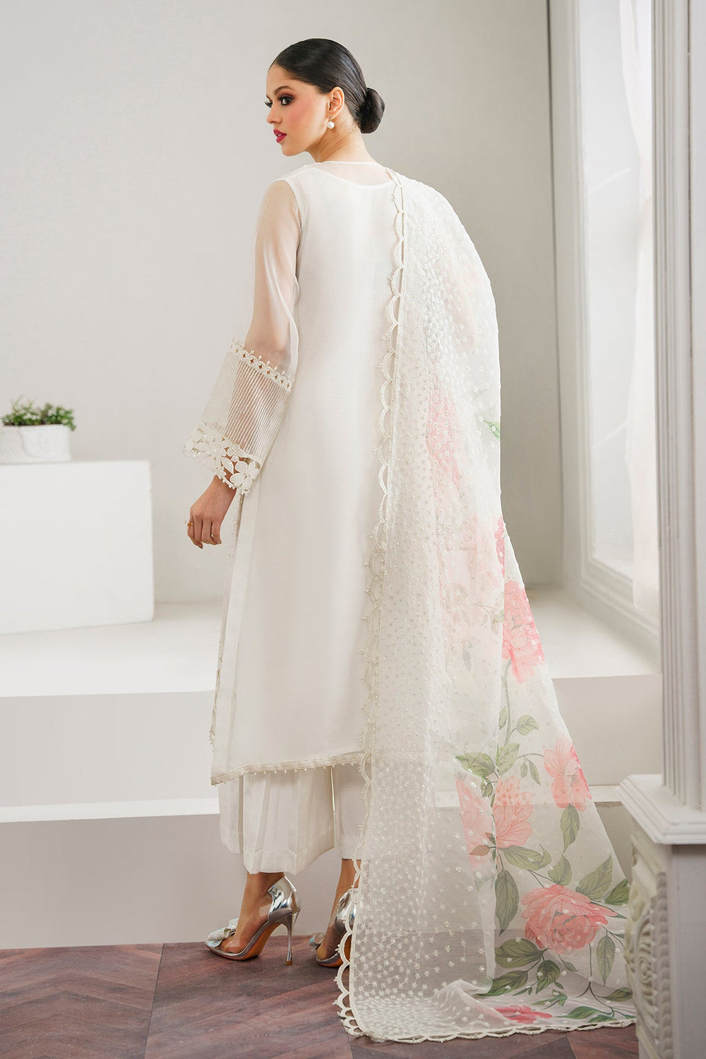 BAROQUE |LUXURY ORGANZA DRESS | FULLY HEAVY HAND EMBELLISHMENT EMBROIDERED MULTI SEQUENCE WORK, PEARL'S WORK & HANGING TASSELS WORK WITH LAZER CUT DESIGN ORGANZA DRESS | UNSTITCHED 3-PIECE SUIT | SF-526 | WHITE
