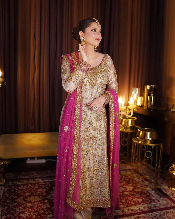 HARIS SHAKEEL | EXCLUSIVE WEAR | PREMIUM HAND EMBELLISHMENTE EMBROIDERED MESURI SHIRT | UNSTITCHED 3-PIECE SUIT