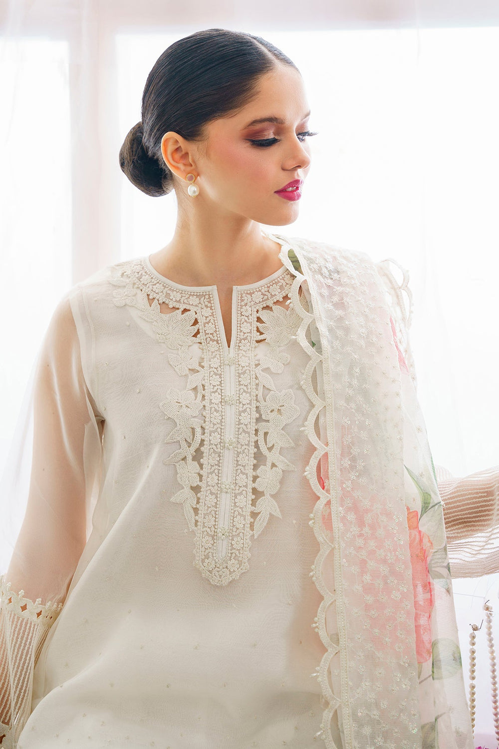 BAROQUE |LUXURY ORGANZA DRESS | FULLY HEAVY HAND EMBELLISHMENT EMBROIDERED MULTI SEQUENCE WORK, PEARL'S WORK & HANGING TASSELS WORK WITH LAZER CUT DESIGN ORGANZA DRESS | UNSTITCHED 3-PIECE SUIT | SF-526 | WHITE
