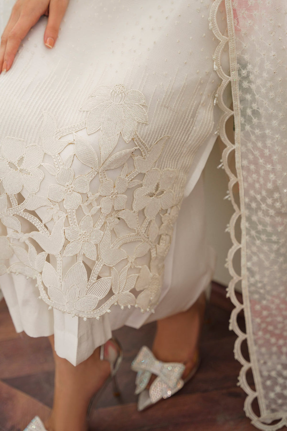 BAROQUE |LUXURY ORGANZA DRESS | FULLY HEAVY HAND EMBELLISHMENT EMBROIDERED MULTI SEQUENCE WORK, PEARL'S WORK & HANGING TASSELS WORK WITH LAZER CUT DESIGN ORGANZA DRESS | UNSTITCHED 3-PIECE SUIT | SF-526 | WHITE