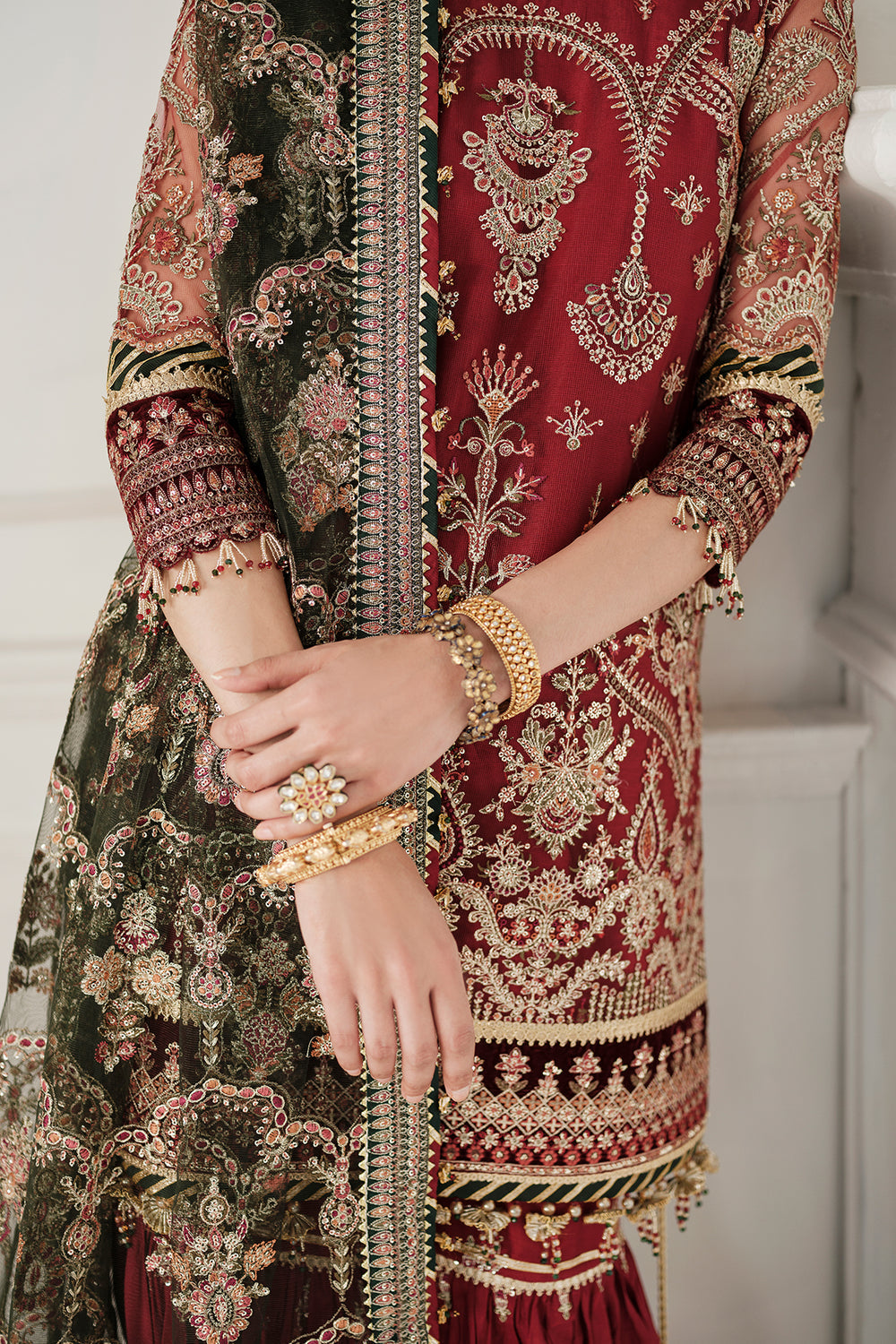 BAROQUE | ELEGANTLY WEAR | FULLY HEAVY MULTI THREAD EMBROIDERED WORK WITH HANGING TASSELS WORK NET SHIRT | UNSTITCHED 3-PIECE SUIT | CH10-07