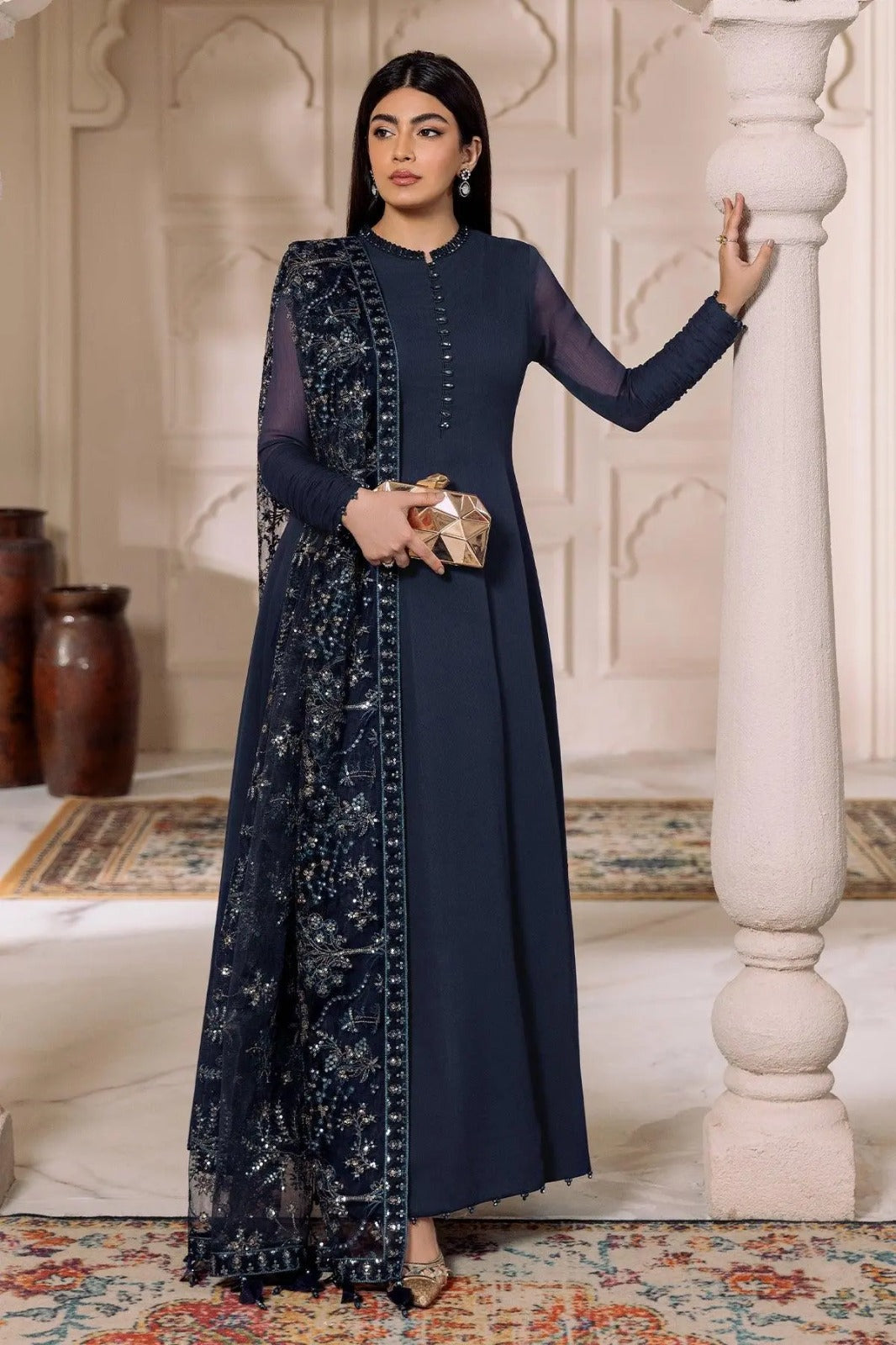 ALIZEH | FULLY HEAVY THREAD EMBROIDERED SEQUENCE WORK WITH ATTACHED CRYSTAL STONE WORK & HANGING TASSELS WORK CHIFFON DRESS | UNSTITCHED 3-PIECE SUIT | RTW-1012-11