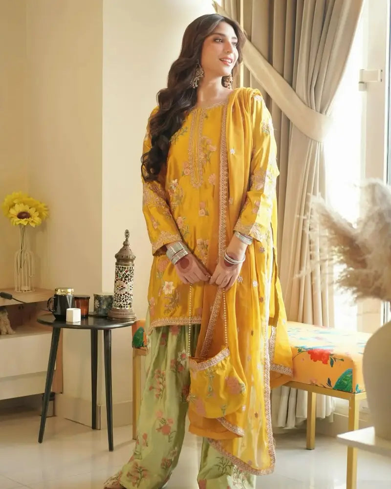 RAMSHA KHAN | LUXURY SILK DRESS | HEAVY MULTI THREAD EMBROIDERED SEQUENCE WORK WITH HANGING TASSELS WORK | UNSTITCHED 3-PIECE SUIT | MEHENDI & MAYO COLLECTION
