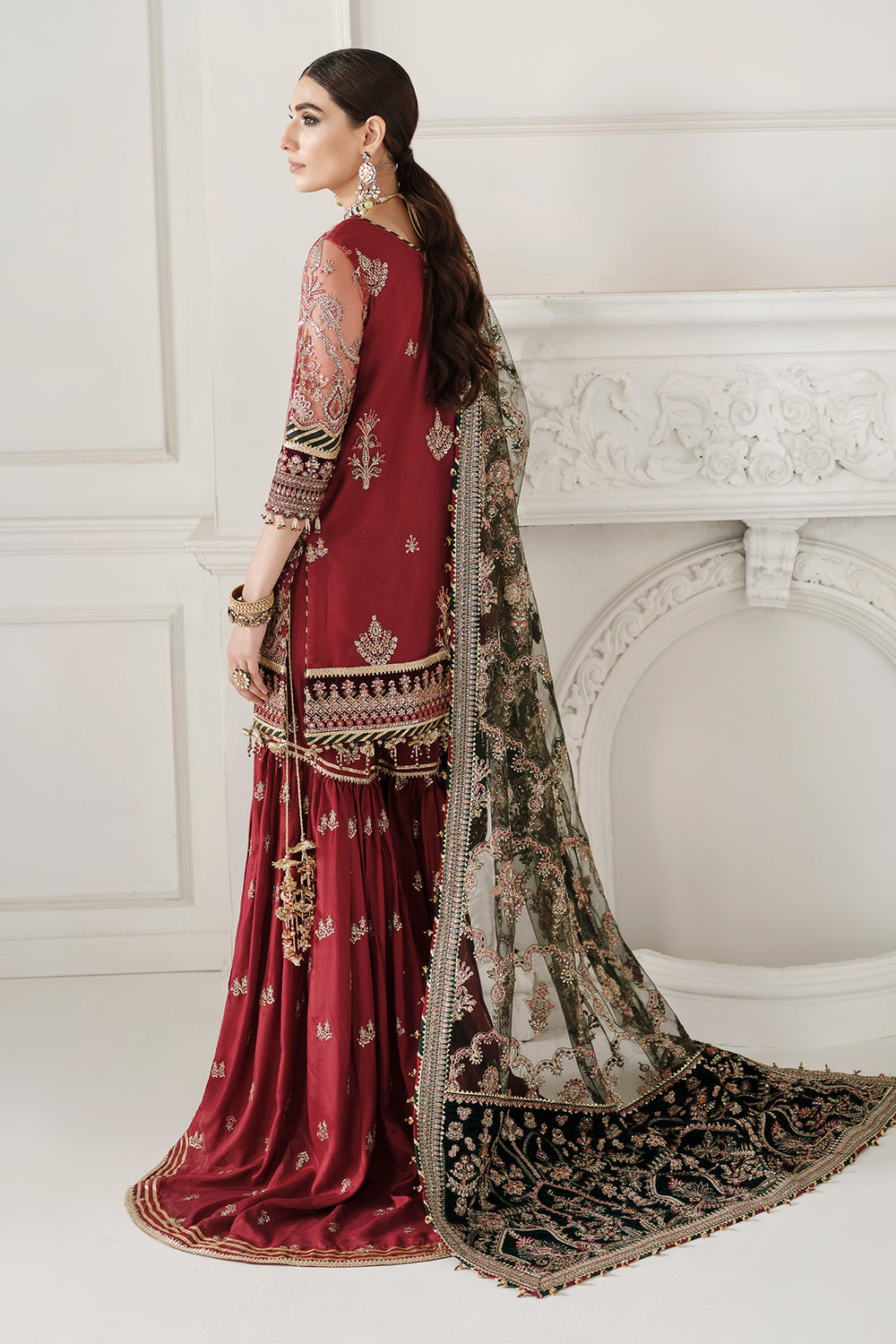 BAROQUE | ELEGANTLY WEAR | FULLY HEAVY MULTI THREAD EMBROIDERED WORK WITH HANGING TASSELS WORK NET SHIRT | UNSTITCHED 3-PIECE SUIT | CH10-07