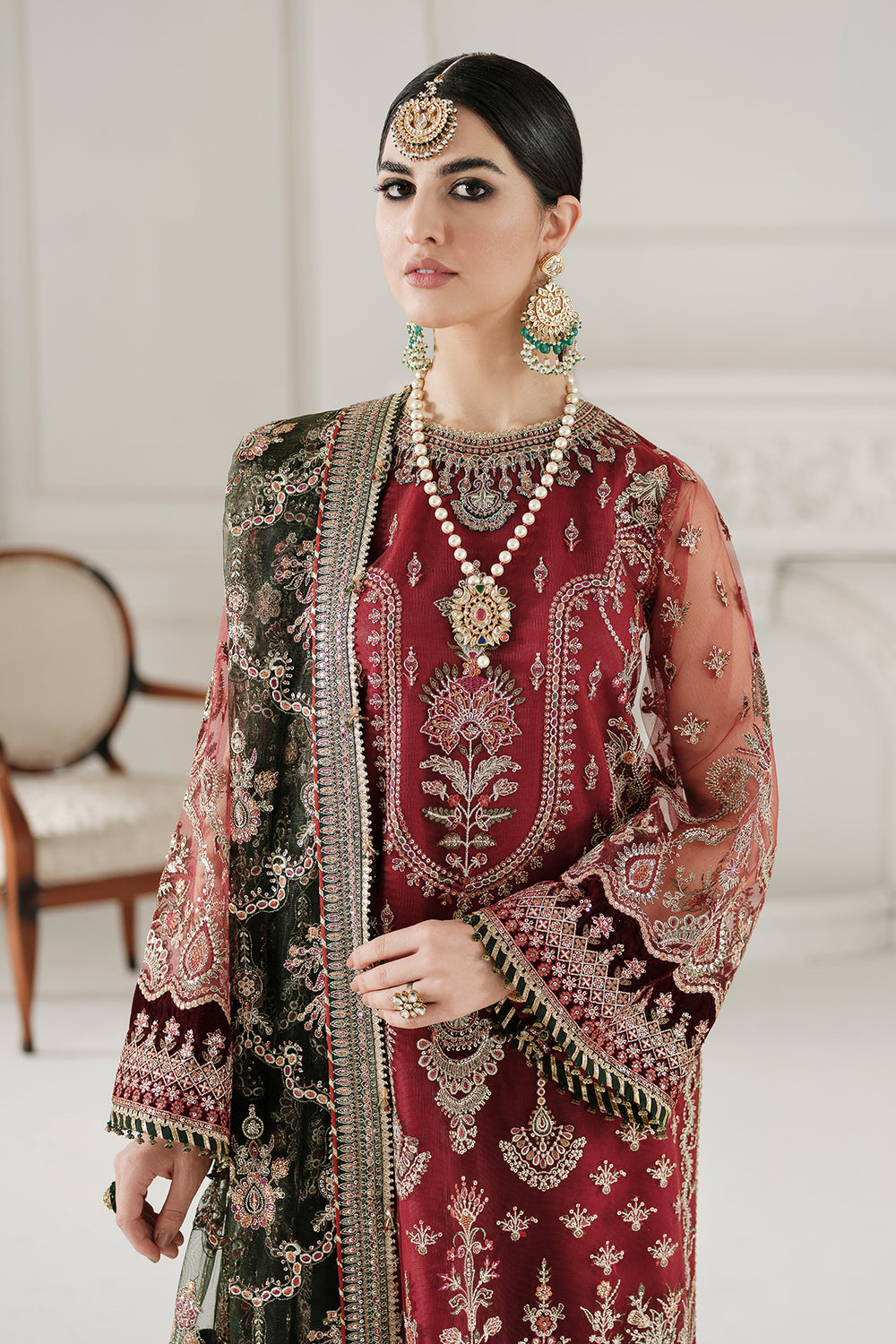 BAROQUE | ELEGANTLY WEAR | FULLY HEAVY MULTI THREAD EMBROIDERED WORK WITH HANGING TASSELS WORK NET SHIRT | UNSTITCHED 3-PIECE SUIT | CH10-07