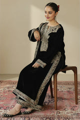 SAPPHIRE | THIS ELEGANT SET FEATURES A HANDMADE EMBELLISHED EMBROIDERED VELVET SHIRT | UNSTITCHED 3-PIECE SUIT | BLACK