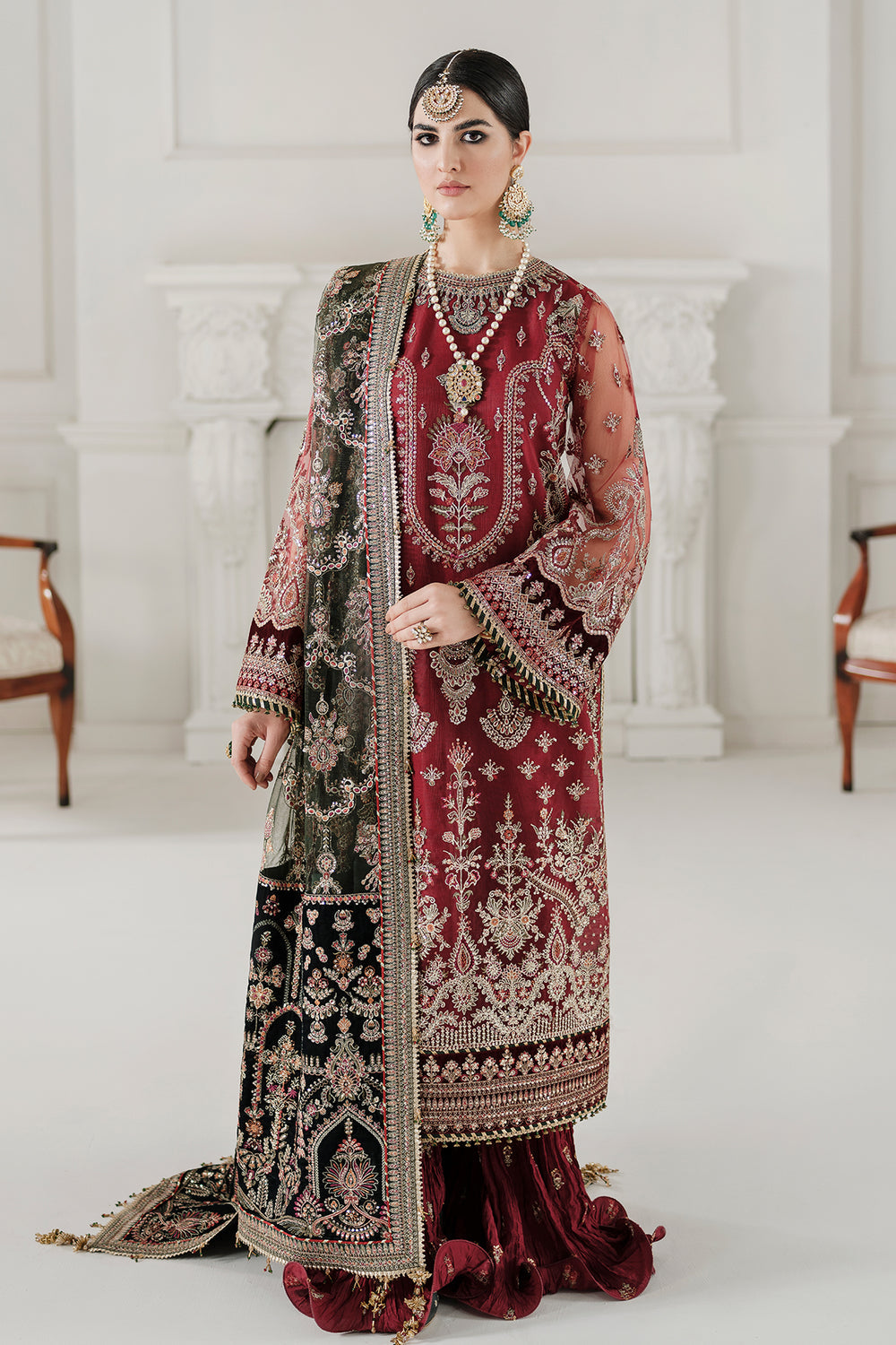 BAROQUE | ELEGANTLY WEAR | FULLY HEAVY MULTI THREAD EMBROIDERED WORK WITH HANGING TASSELS WORK NET SHIRT | UNSTITCHED 3-PIECE SUIT | CH10-07