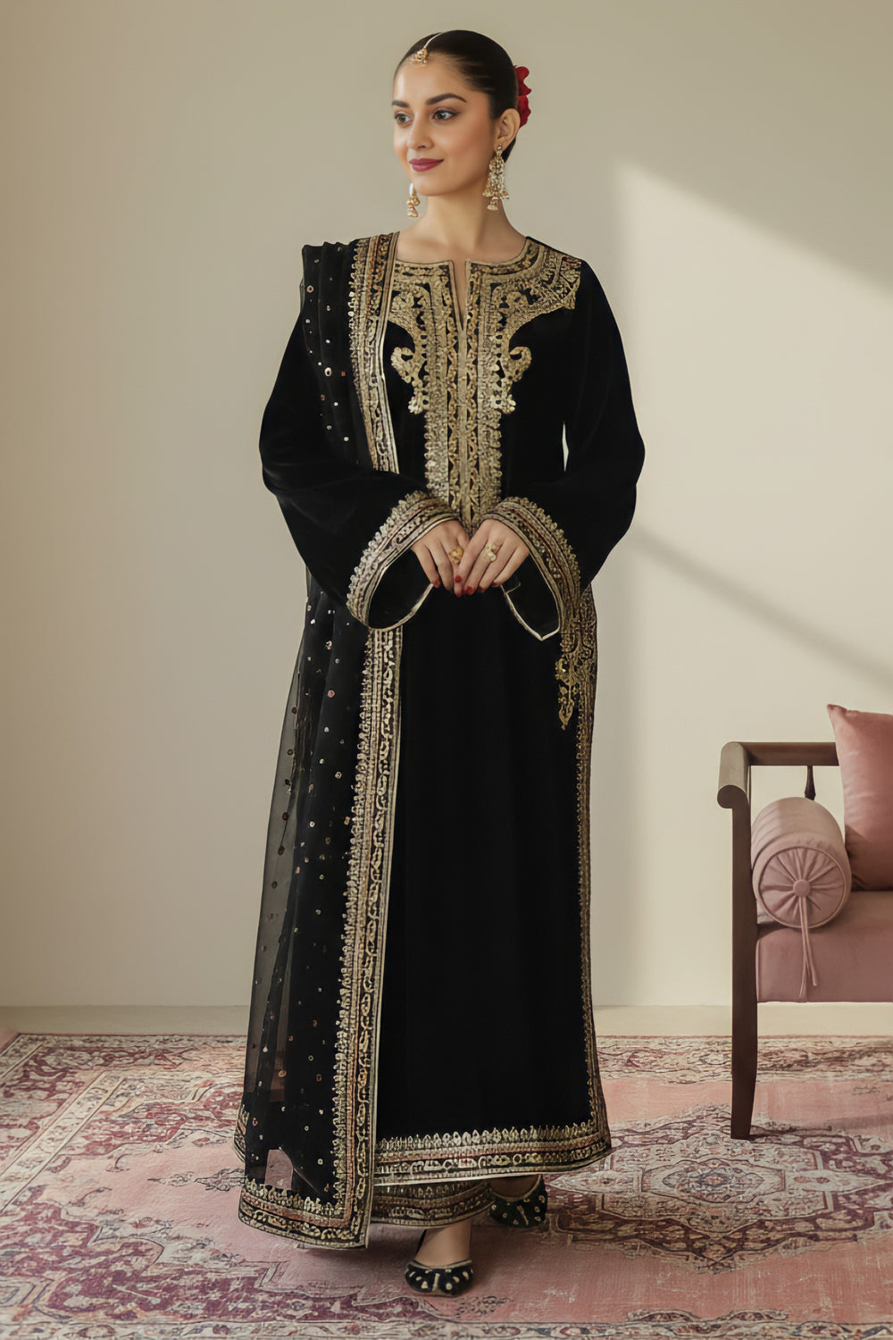 SAPPHIRE | THIS ELEGANT SET FEATURES A HANDMADE EMBELLISHED EMBROIDERED VELVET SHIRT | UNSTITCHED 3-PIECE SUIT | BLACK