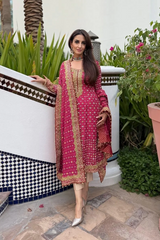 POSHKARI | ELEGANTLY FULLY HEAVY THREAD EMBROIDERED SEQUENCE WORK & LAZER CUT DESIGN WORK CHIFFON DRESS | UNSTITCHED 3-PIECE SUIT | SHOCKING PINK
