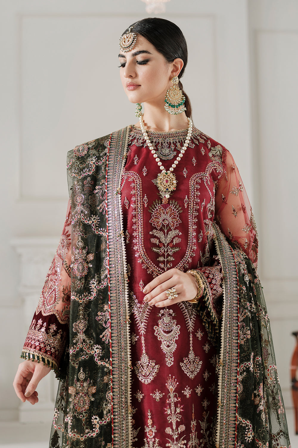 BAROQUE | ELEGANTLY WEAR | FULLY HEAVY MULTI THREAD EMBROIDERED WORK WITH HANGING TASSELS WORK NET SHIRT | UNSTITCHED 3-PIECE SUIT | CH10-07