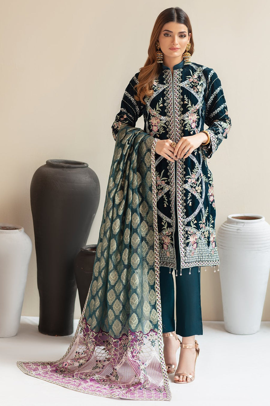 RAMSHA - LUXURY EMBROIDERED ZINC BLUE FORMAL COLLECTION VELVET