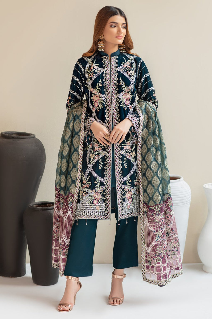 RAMSHA - LUXURY EMBROIDERED ZINC BLUE FORMAL COLLECTION VELVET