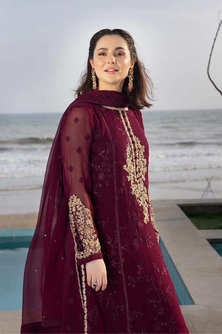 AZURE MAROON EMBROIDERED CHIFFON COLLECTION UNSTITCHED 3 PIECE SEQUINCE EMBROIDERED CHIFFON CARNELIAN