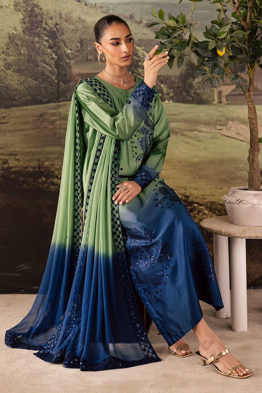 TIE & DIE BY NUREH | LUXURY INDIAN RAW SILK | FULLY HEAVY THREAD EMBROIDERED SEQUENCE WORK RAW SILK DRESS | UNSTITCHED 3-PIECE SUIT | NP-677