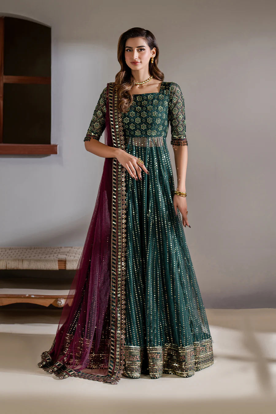 MERAKI BY IZNIK | EXCLUSIVE NET MAXI STYLE WEAR | ELEGANTLY FULLY HEAVY THREAD EMBROIDERED SEQUENCE WORK WITH ATTACHED IRON STONE WORK | UNSTITCHED 3-PIECE SUIT | D-07