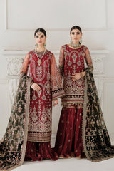 BAROQUE | ELEGANTLY WEAR | FULLY HEAVY MULTI THREAD EMBROIDERED WORK WITH HANGING TASSELS WORK NET SHIRT | UNSTITCHED 3-PIECE SUIT | CH10-07