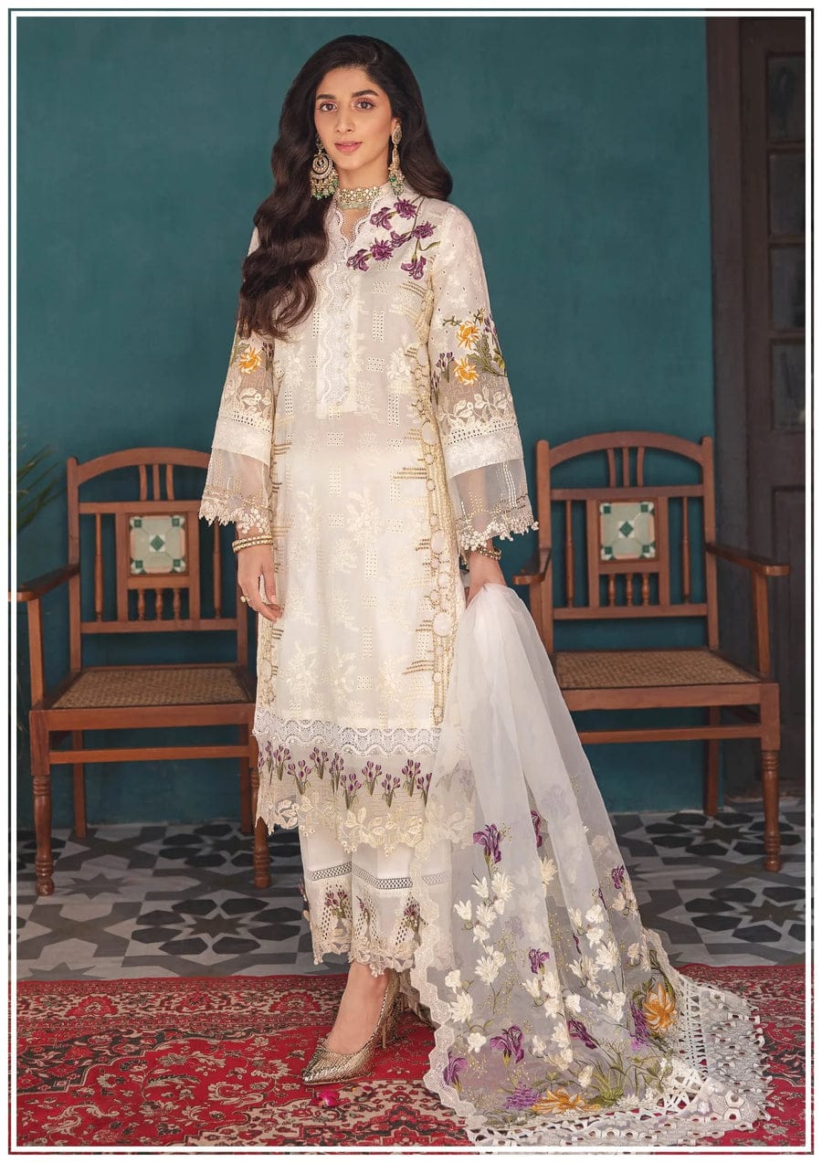 ELAF - WHITE - LUXURY LAWN CHIKENKARI  WITH HEAVY EMBROIDERED UNSTITCHED 3-PIECE SUIT