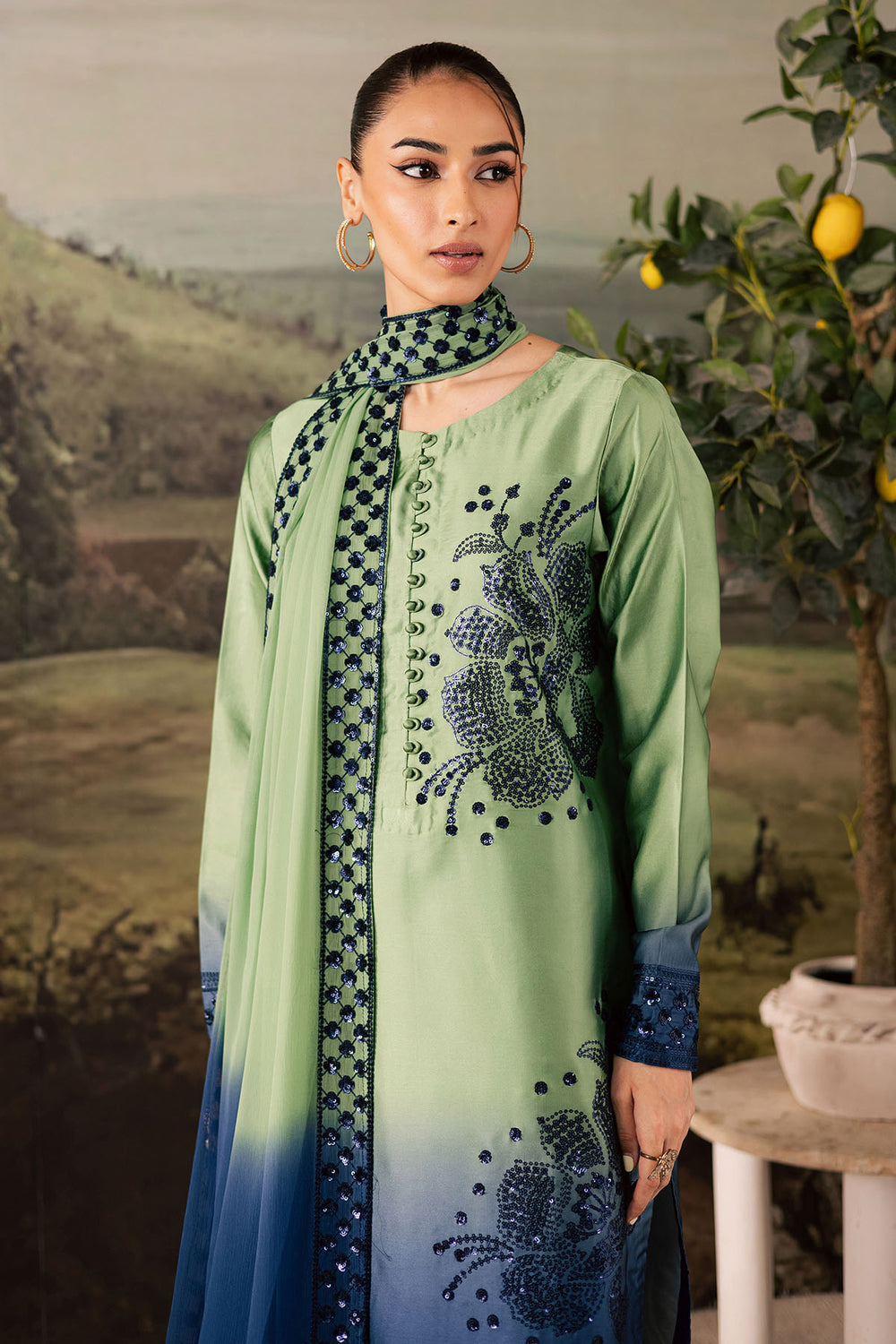 TIE & DIE BY NUREH | LUXURY INDIAN RAW SILK | FULLY HEAVY THREAD EMBROIDERED SEQUENCE WORK RAW SILK DRESS | UNSTITCHED 3-PIECE SUIT | NP-677