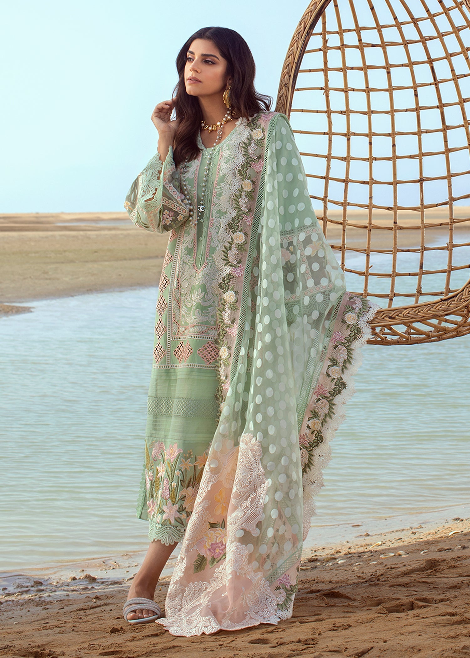 CRIMSON - SERENDIPITY -5B- SEAFOAM - PURE LAWN CHIKANKARI WITH HEAVY EMBROIDERED - UNSTITCHED 3-PIECE SUIT