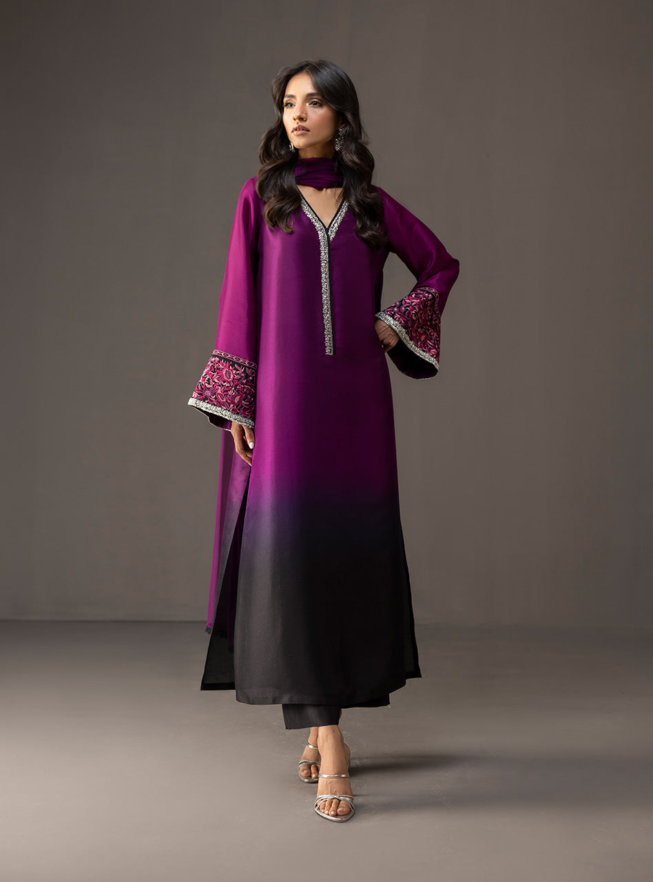 PLUM DUSK BY ZAINAB CHOTTANI | LUXURY MULTI DIGITAL PRINTED TWO TONE SHADES SILK DRESS |  UNSTITCHED 3-PIECE SUIT