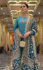 SHANZAYOUTFIT OFFERS BOTH ELEGANCE AND COMFORT FOR SPECIAL OCCASIONS | BEAUTIFULLY HEAVY HAND EMBELLISHMENT EMBROIDERED WORK INCLUDING TASSELS LACES RUSSIAN SILK DUPATTA & SHAMOSE SILK SHIRT | UNSTITCHED 3-PIECE SUIT | SKY BLUE