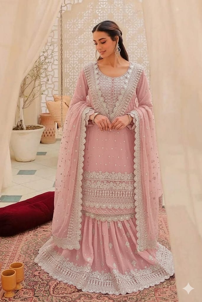 ASIM JOFA | EXCLUSIVE GHARARA | ELEGANTLY FULLY HEAVY THREAD EMBROIDERED SEQUENCE WORK CHIFFON GHARARA | UNSTITCHED 3-PIECE | PINK