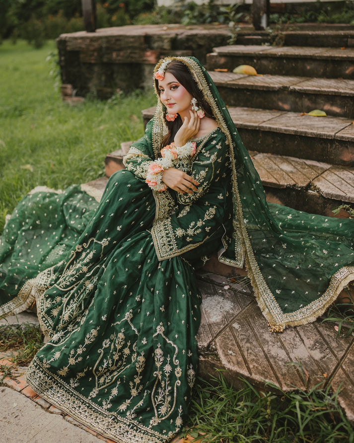 MAHA WAJAHAT BRIDAL GHARARA FULLY EMROIDERED CHIFFON EMERALD GREEN