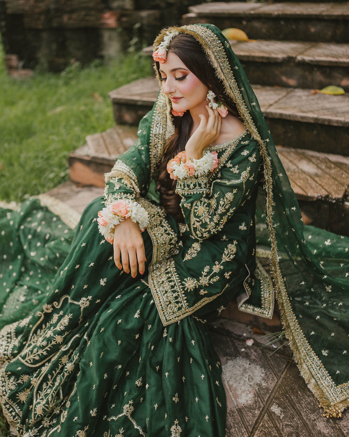 MAHA WAJAHAT BRIDAL GHARARA FULLY EMROIDERED CHIFFON EMERALD GREEN