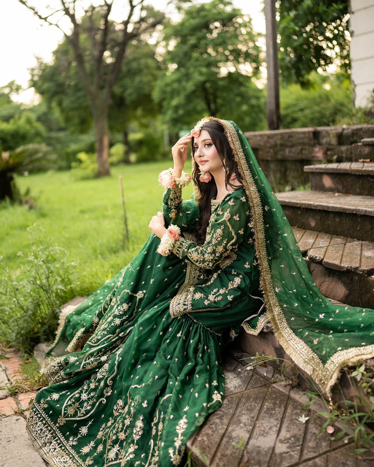 MAHA WAJAHAT BRIDAL GHARARA FULLY EMROIDERED CHIFFON EMERALD GREEN