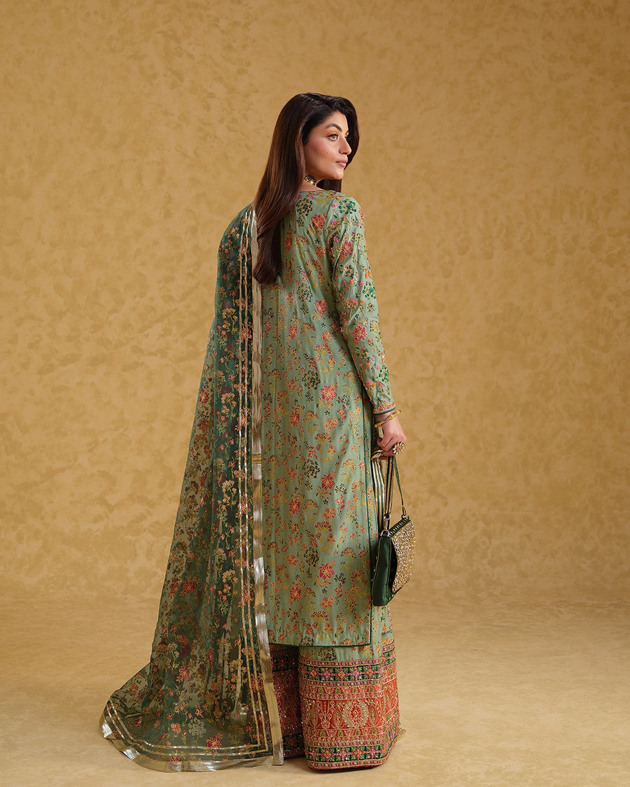 MEERA'S BY NELOO'S |  LUXURY DIGITAL PRINTED RAW SILK WITH HAND EMBELLISHED WORK & HEAVY EMBROIDERED | UNSTITCHED SUIT