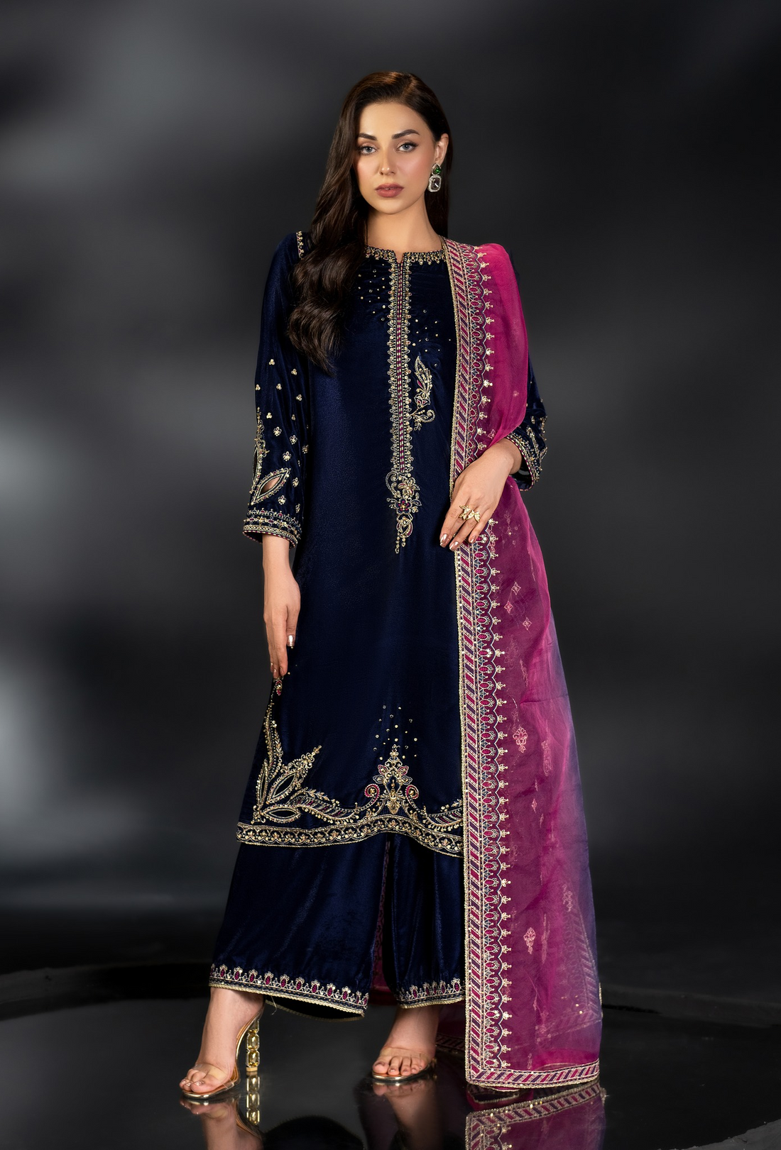 IFRAH BY NAQSHI | LUXURY 9000 MICRO VELVET SHIRT | BEAUTIFULLY MULTI THREAD EMBROIDERED WORK WITH HANGING TASSELS WORK | UNSTITCHED 3-PIECE SUIT | NQ-072