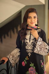 ANEELAS | LUXURY LAWN  HEAVY THREAD EMBROIDERED WORK WITH LAZER CUT WORK & MULTI FLOWER BANCHES ATTACHED | UNSTITCHED 3-PIECE SUIT