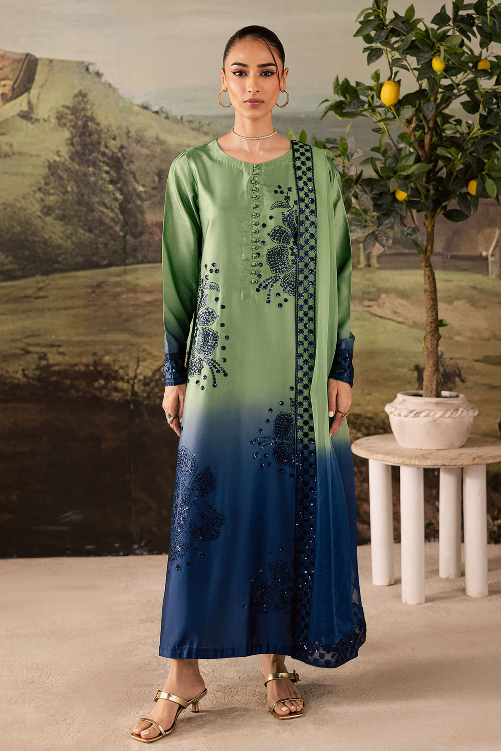 TIE & DIE BY NUREH | LUXURY INDIAN RAW SILK | FULLY HEAVY THREAD EMBROIDERED SEQUENCE WORK RAW SILK DRESS | UNSTITCHED 3-PIECE SUIT | NP-677