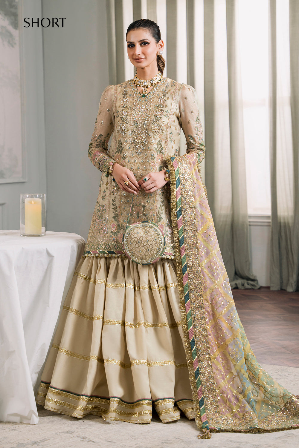 CHANTELLE BY BAROQUE | BRIDAL COLLECTION | PREMIUM HAND EMBELLISHMENT EMBROIDERED WITH HANGING TASSELS WORK, STONE & PEARL'S WORK NET DRESS | UNSTITCHED 3-PIECE SUIT | CH12-04