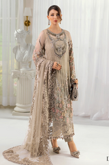MARIA.B | EXCLUSIVE WEAR | ELEGANTLY FULLY HEAVY HAND EMBELLISHMENT EMBROIDERED SEQUENCE WORK WITH PEARL'S WORK, IRON STONE WORK, MOTI WORK,3D FLOWER BANCHES, LAZER CUT DESIGN WORK & HANGING TASSELS WORK CHIFFON DRESS | UNSTITCHED 3-PIECE SUIT| MPC-25-107