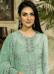 MARIA B | EXQUISITE NET EMBROIDERED SUIT | FULLY HEAVY HAND EMBELLISHMENT EMBROIDERED SEQUENCE WORK, MOTI WORK, STONE WORK WITH HANGING PEARL'S, TASSEL'S WORK & HEAVY LAZER CUT DESIGN NET DRESS | UNSTITCHED 3-PIECE SUIT