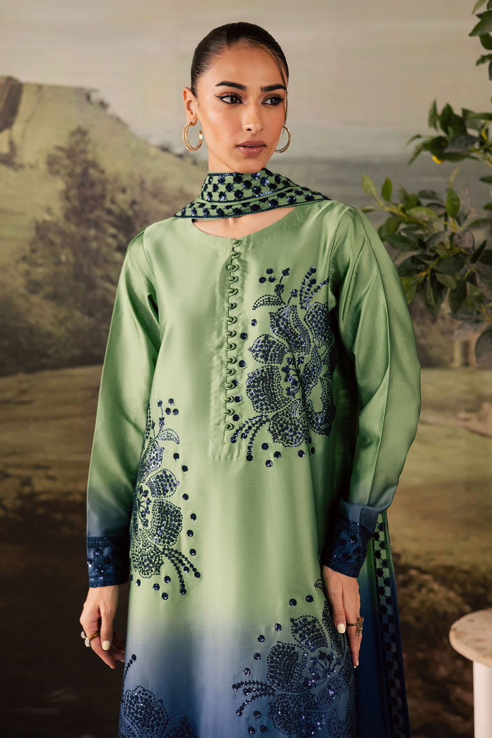 TIE & DIE BY NUREH | LUXURY INDIAN RAW SILK | FULLY HEAVY THREAD EMBROIDERED SEQUENCE WORK RAW SILK DRESS | UNSTITCHED 3-PIECE SUIT | NP-677