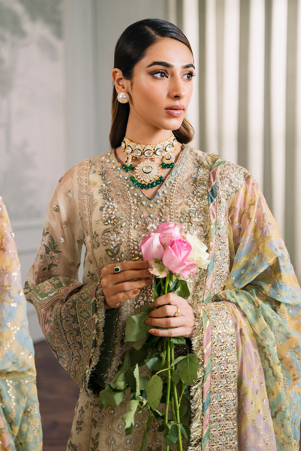 CHANTELLE BY BAROQUE | BRIDAL COLLECTION | PREMIUM HAND EMBELLISHMENT EMBROIDERED WITH HANGING TASSELS WORK, STONE & PEARL'S WORK NET DRESS | UNSTITCHED 3-PIECE SUIT | CH12-04