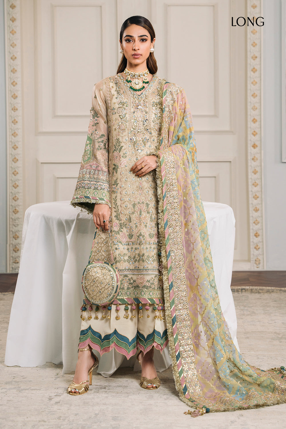 CHANTELLE BY BAROQUE | BRIDAL COLLECTION | PREMIUM HAND EMBELLISHMENT EMBROIDERED WITH HANGING TASSELS WORK, STONE & PEARL'S WORK NET DRESS | UNSTITCHED 3-PIECE SUIT | CH12-04