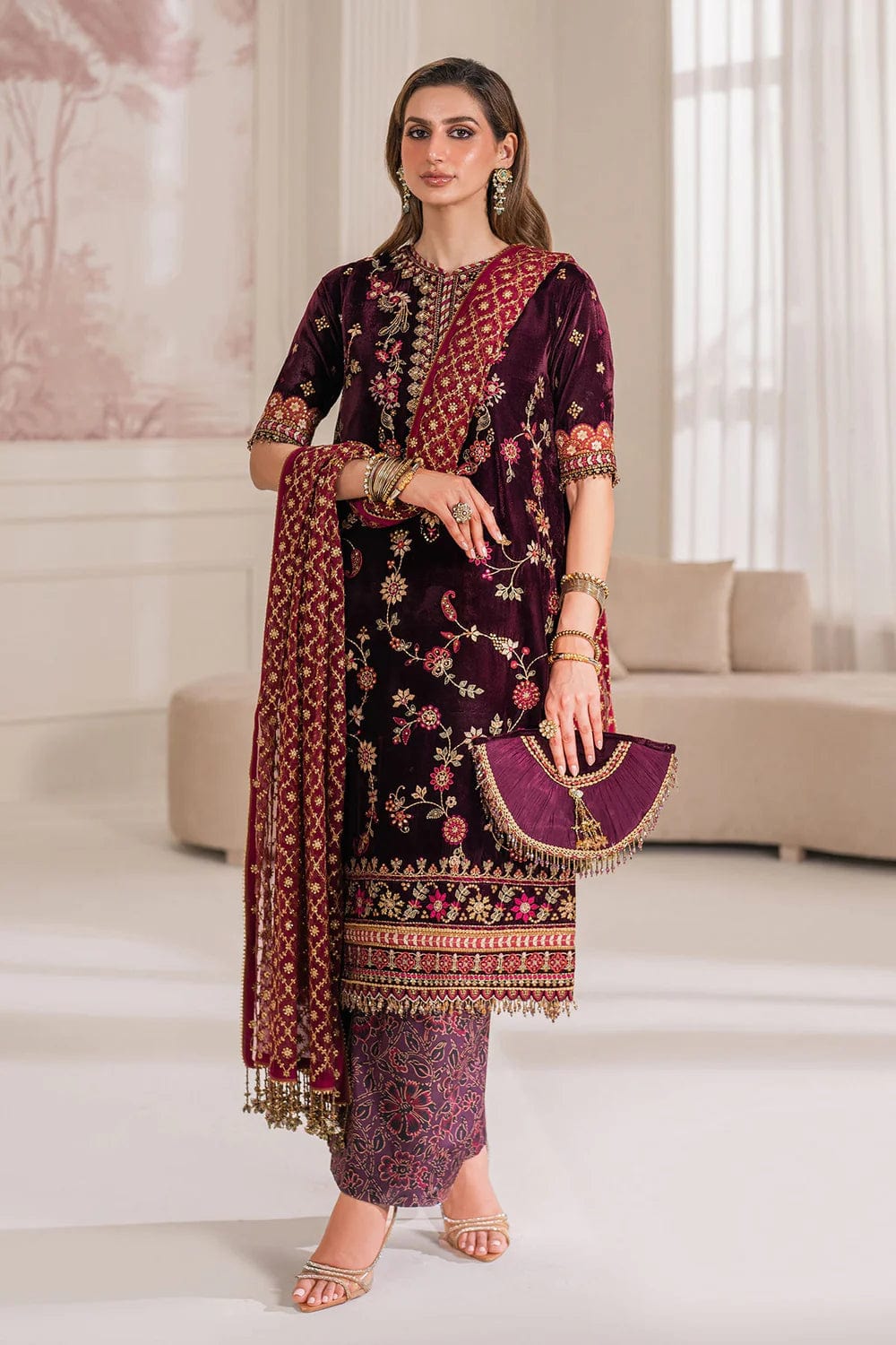 BAROQUE- MAROON- EMBROIDERED VELVET COLLECTION - Main Image