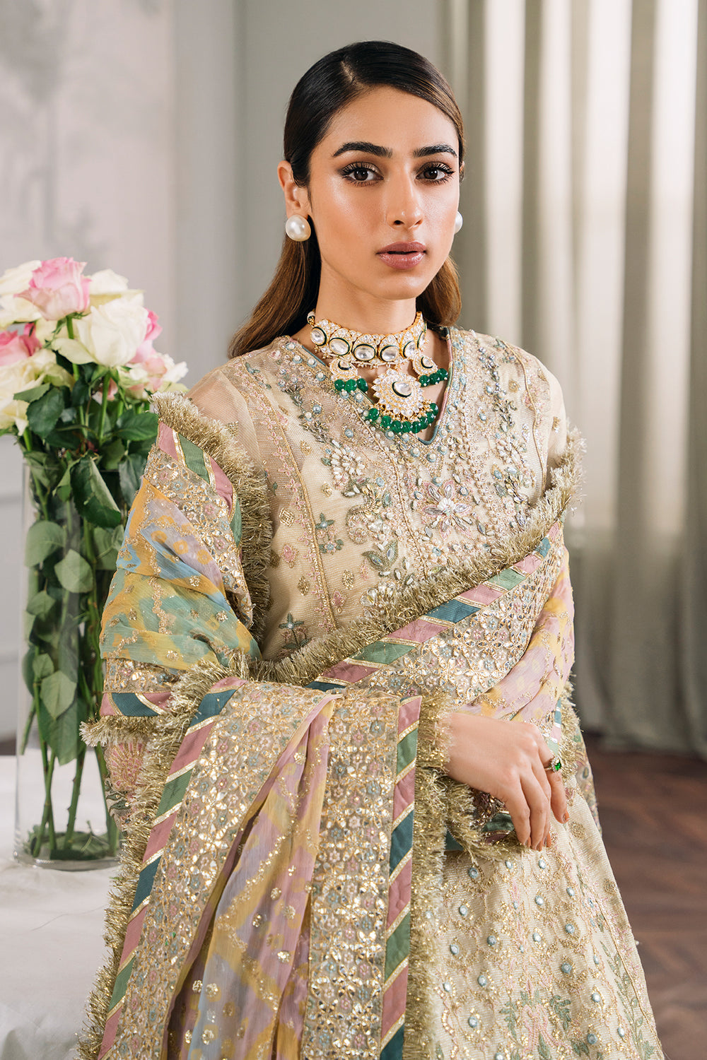 CHANTELLE BY BAROQUE | BRIDAL COLLECTION | PREMIUM HAND EMBELLISHMENT EMBROIDERED WITH HANGING TASSELS WORK, STONE & PEARL'S WORK NET DRESS | UNSTITCHED 3-PIECE SUIT | CH12-04