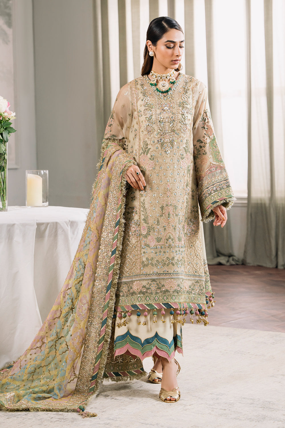 CHANTELLE BY BAROQUE | BRIDAL COLLECTION | PREMIUM HAND EMBELLISHMENT EMBROIDERED WITH HANGING TASSELS WORK, STONE & PEARL'S WORK NET DRESS | UNSTITCHED 3-PIECE SUIT | CH12-04