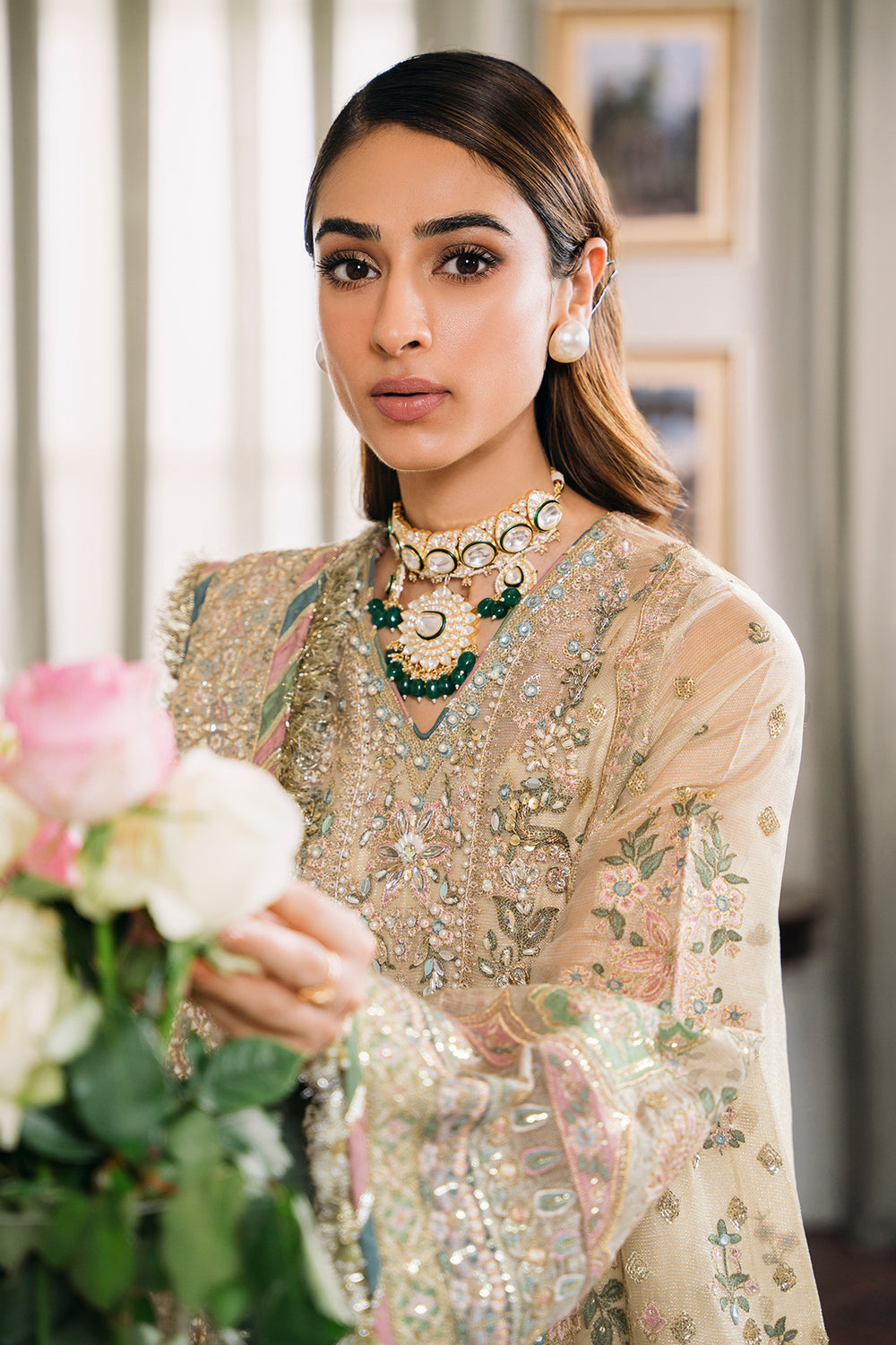 CHANTELLE BY BAROQUE | BRIDAL COLLECTION | PREMIUM HAND EMBELLISHMENT EMBROIDERED WITH HANGING TASSELS WORK, STONE & PEARL'S WORK NET DRESS | UNSTITCHED 3-PIECE SUIT | CH12-04